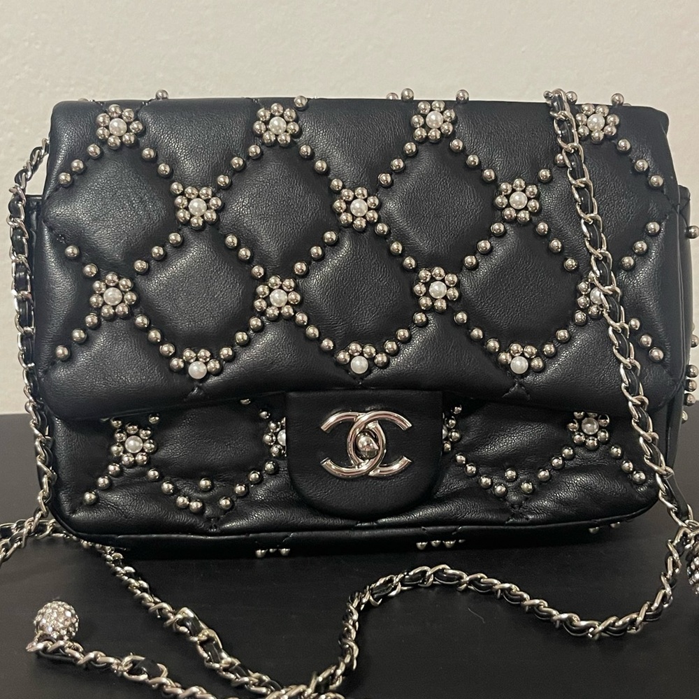 CHANEL Black Quilted Leather Crossbody with Pearl & Silver Studs